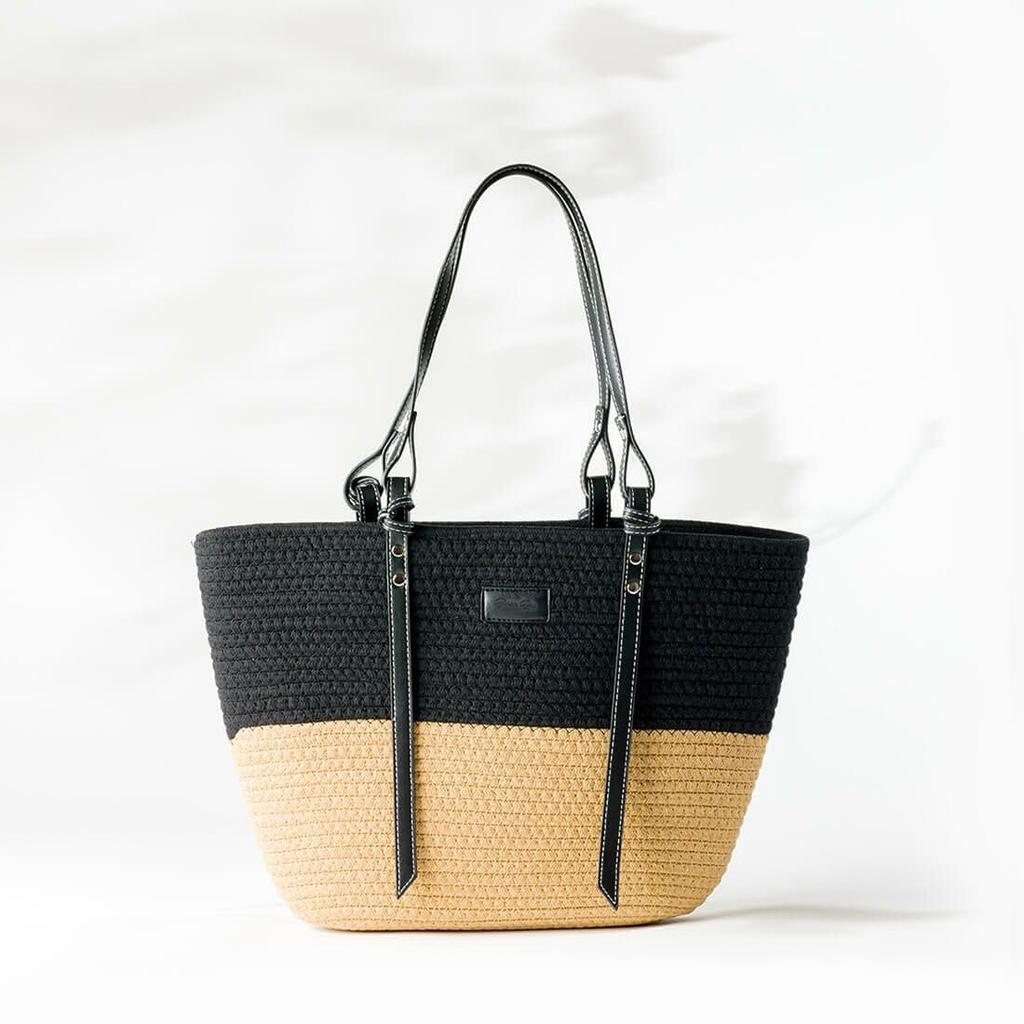 [Barcos Blue] Summer Tote Bag, Two-Tone Shoulder Bag for Women, Rope Material, A4 Size Fit, Large Storage Capacity, Black X Beige