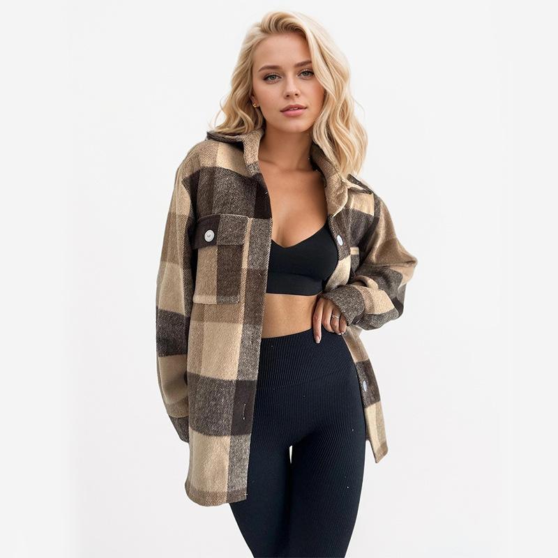 

Осенняя женская свободная куртка с длинными рукавами и принтом в клетку с лацканами L кофейный