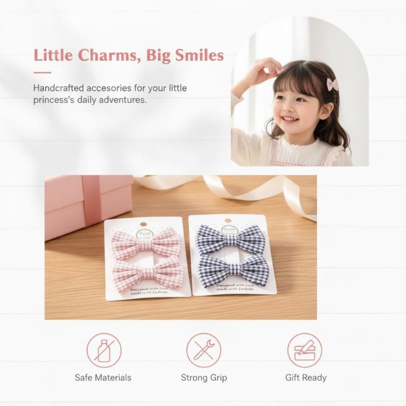 2Pcs/Set Solid Color Kids Bows Hair Clips For Baby Girls Handmade Plaid Bowknot Hairpin Barrettes Photograph Hair Accessories