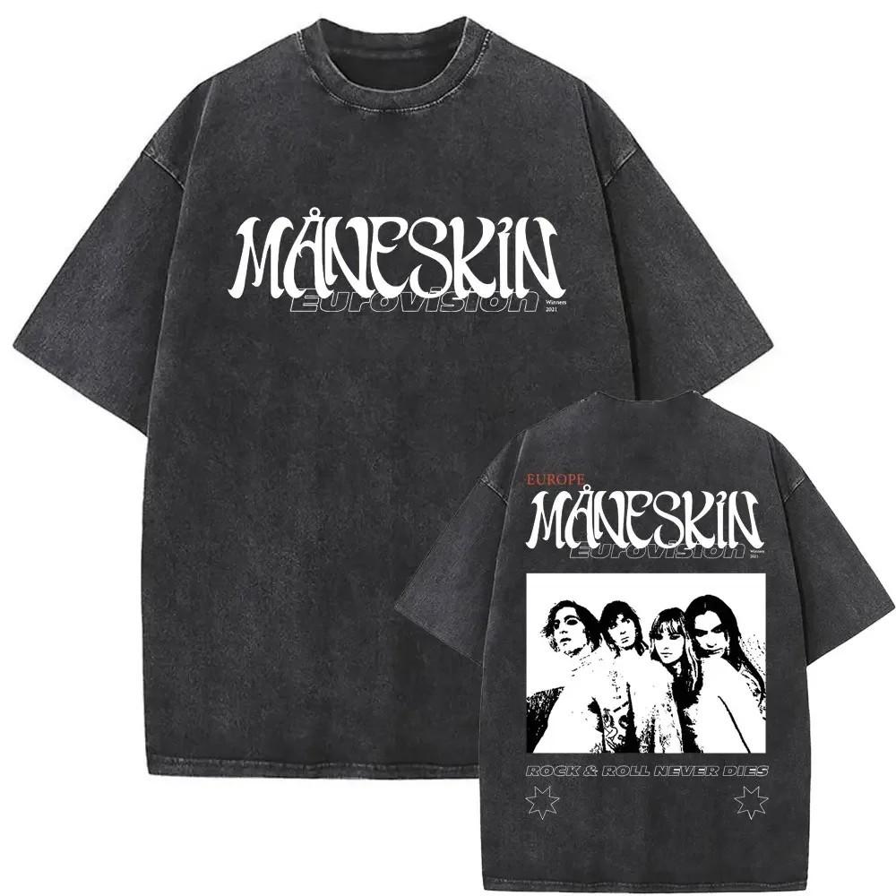 Maneskin Cotton Oversized Mneskin TShirt Washed Italian Rock Band Tee Unisex