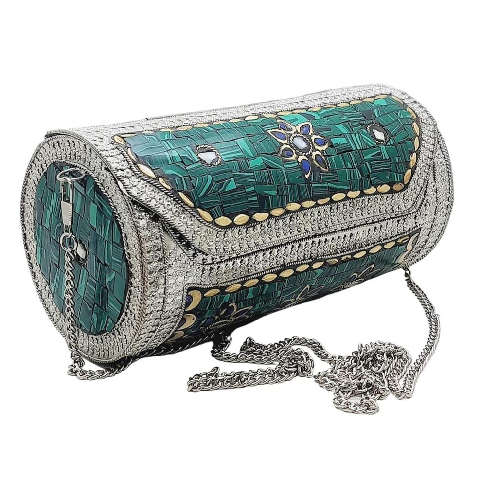 Eye Catching Handmade Cylinder Round Ethnic Stone Metal Bag Antique Bridal Clutch