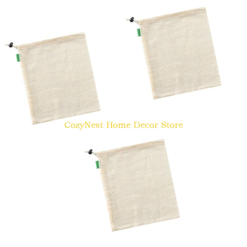 92MF Reusable Cotton Meshes Produce Bags Drawstring Closure Multiple Sizes For Fruits Vegetables Storage Organizers
