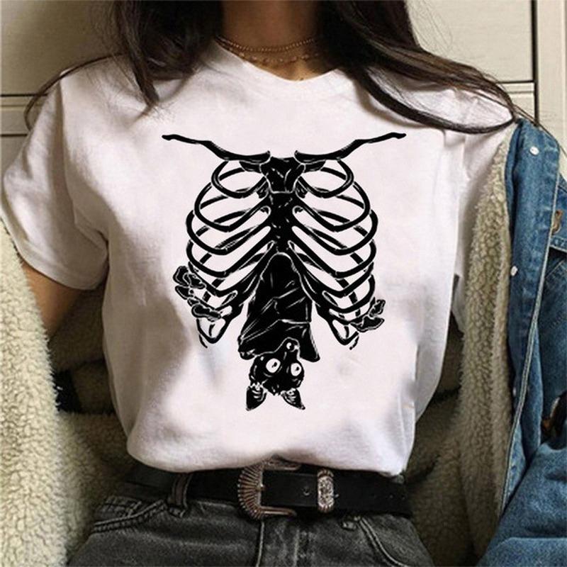 Bat Skull Skeleton Print Women T Shirt Short Sleeve O Neck Loose Women Tshirt Ladies Tee Shirt Tops Clothes Camisetas Mujer