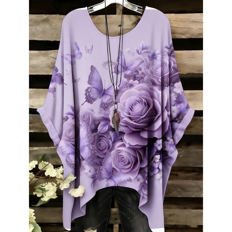 Women Floral Butterfly Print Loose Tunic Top