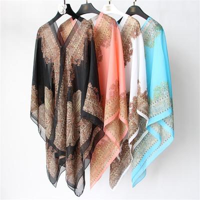 Sciarpa Scialle Elegante Stampato Chiffon Bikini Copricostume Temperamento Vintage Sciarpa Poncho Bikini Copricostume per Spiaggia