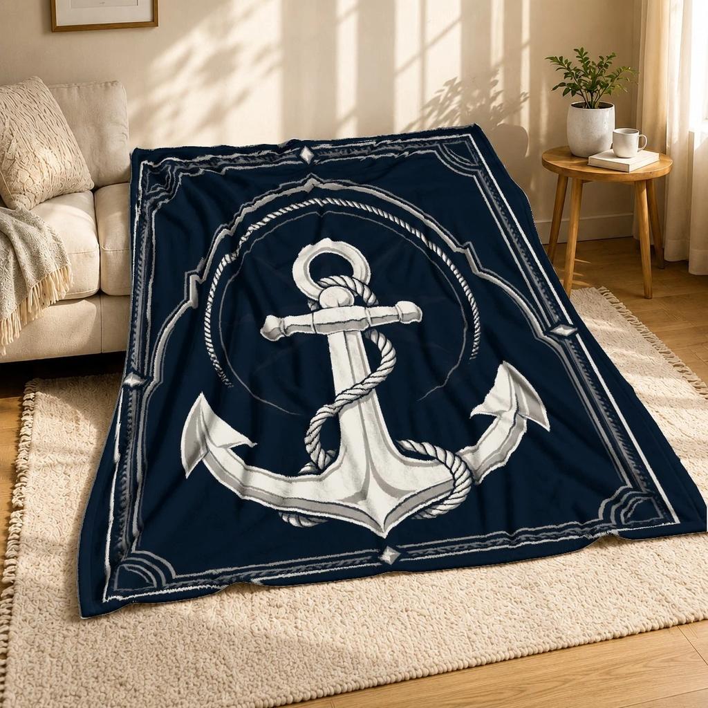 Nautical Anchor Emblem Coral Fleece Blanket Coastal Decor