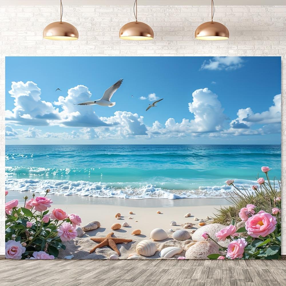 1pc Sea View Background Banner - Durable polyester, sea and blue sky with seagulls, white clouds and beach scenes