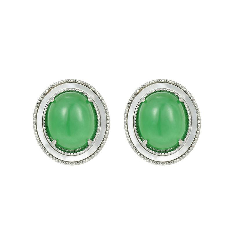 New Chinese Natural Shell Green Jadeite Stud Earrings Oval Stud Earrings S925 Silver Needle White Fritillary Edged Premium Earrings