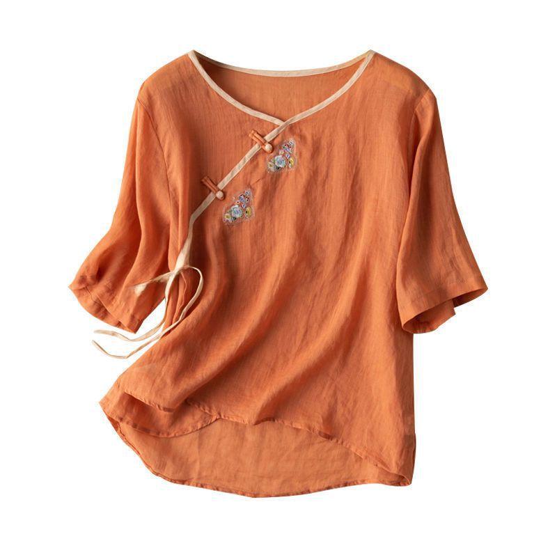 Damen 2024 Sommer Locker Geschnittenes Baumwollleinen Besticktes Hemd mit Schrägkragen, Kurzen Ärmeln und Nationalem Stil