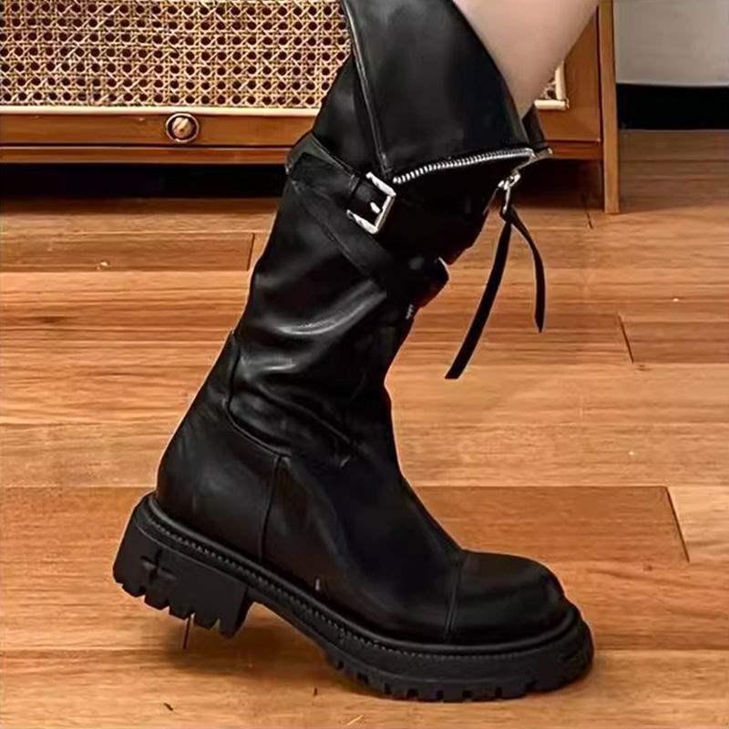 Maillard style soft leather fashion boots women's autumn and winter 2025 new belt buckle boots platform knight boots high boots