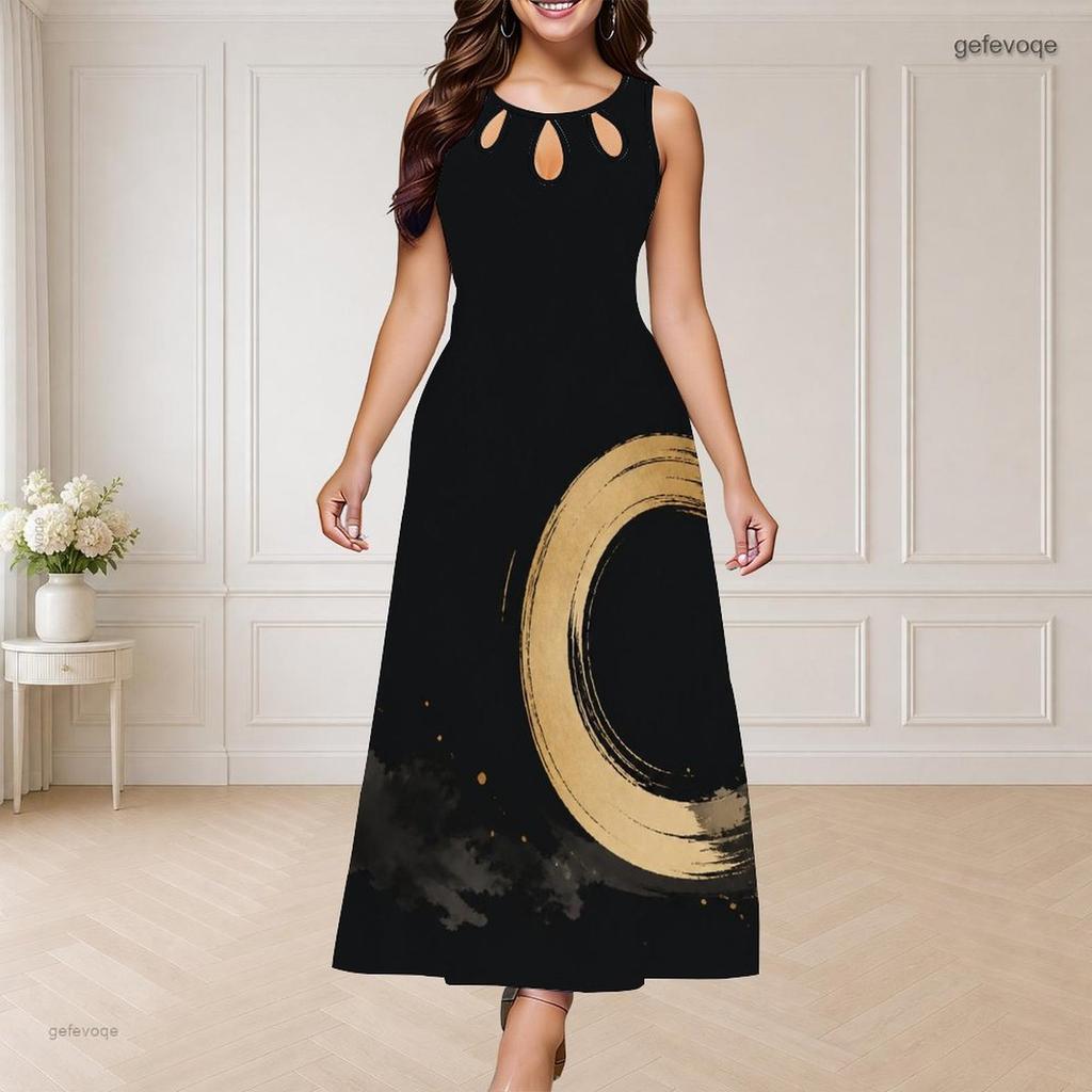 Robe Longue Imprimée Sans Manches Col Rond Décolleté Triple Découpe Grande Taille pour Femme