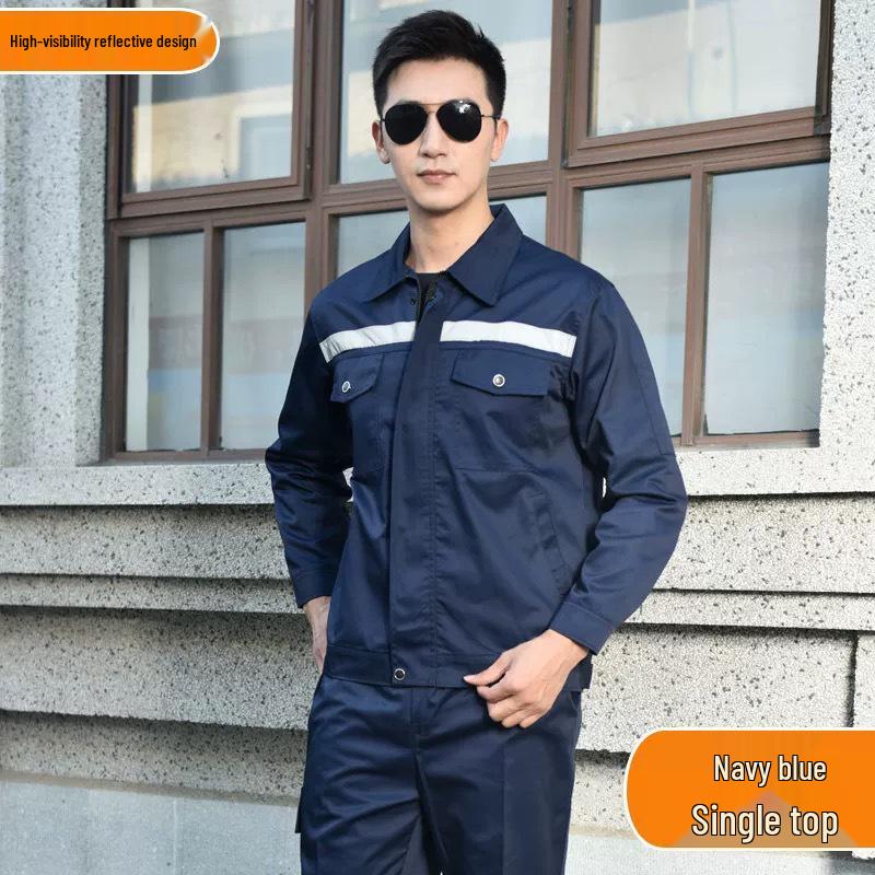 Reflective Polyester Cotton Workwear Set - Durable, Dirt-Resistant Clothes for Spring and Autumn Construction and Workshop Use