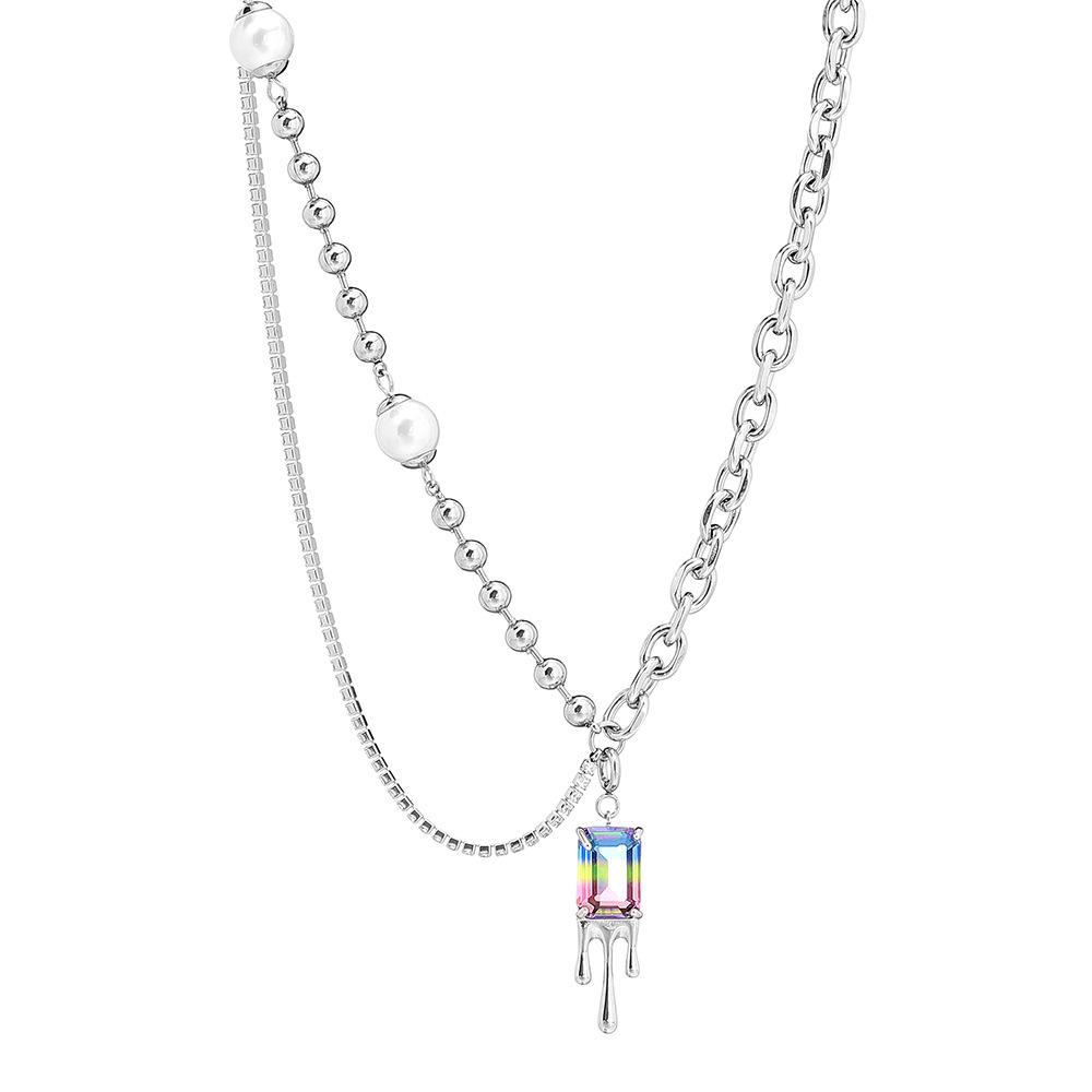 

Luxury Pearl & Titanium Steel Necklace with Colorful Zircon, Hip-Hop Style серебряный