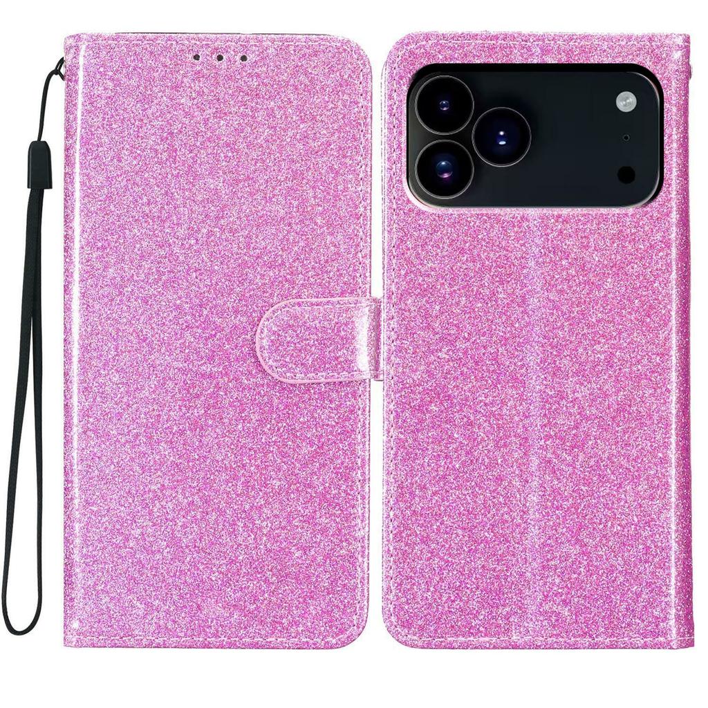 For iPhone 17 Pro Max Wallet Case Glitter Anti-Scratch Leather Stand Phone Cover with Strap