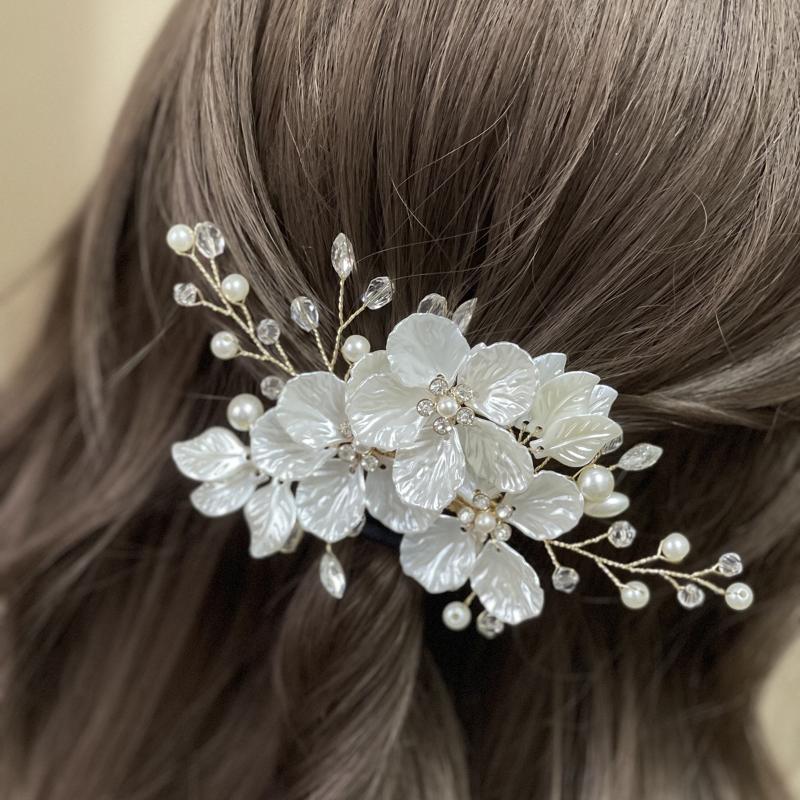 Crystal Pearl Flower Headdress 1Pcs Handmade White Bridal Headwear Elegant Hairpiece for Wedding Party