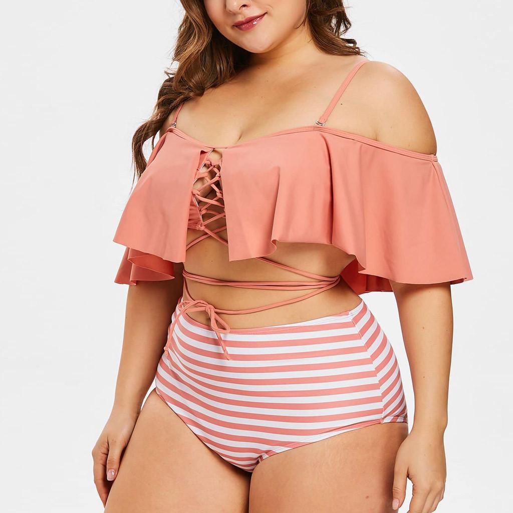 Hergoto Women Ruffle High Waisted Swimwear Plus Size Off Shoulder Striped Swimsuit Set XXXXXL, Black Hergoto Women Ruffle High Waisted Swimwear Plus Size Off Shoulder Striped Swimsuit Set XXXXXL, Black