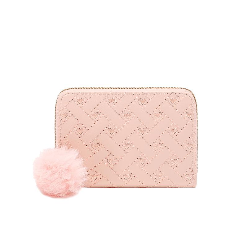Ladies' Heart-shaped Embroidered Short Coin Purse, Fresh and Clean Fluffy Ball Pendant, Versatile Small Card Bag