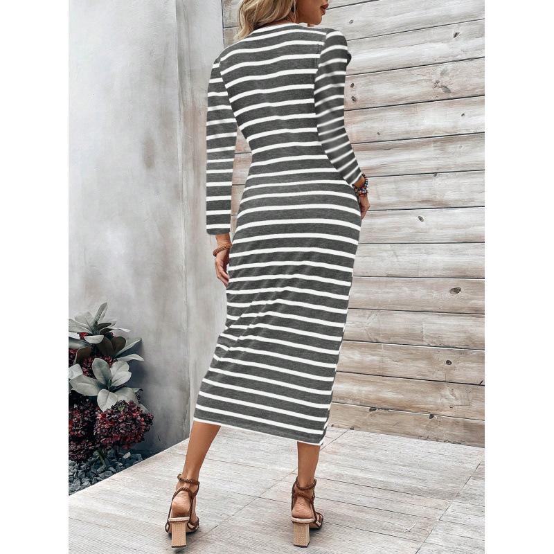 Women's Printed Striped Round Neck Lace Up Dress