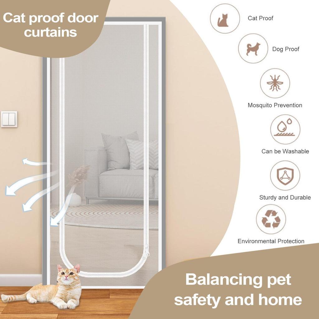 Reinforced Mesh Screen Zipper Closure Keep Pet Cat In&Out Door Curtain Anti-mosquito for Living Room Bedroom Kitchen