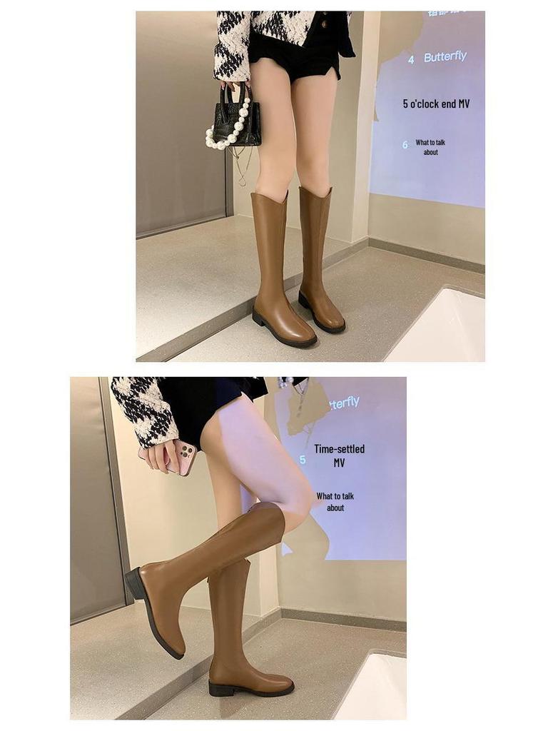 V-Mouth Knee-High Western Cowboy Boots for Women with Thick Calves - Plus Size, Mid-Heel, Slim Fit, Autumn/Winter.