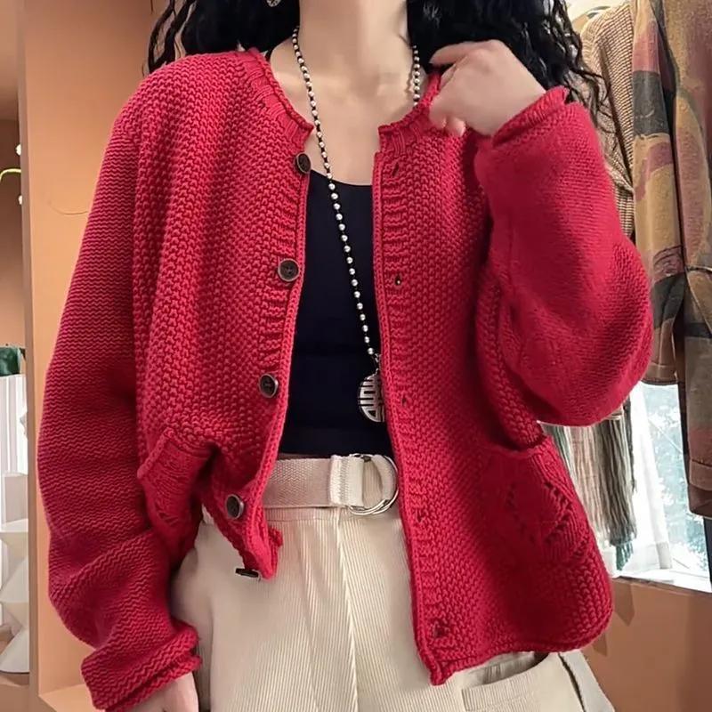 Round Neck Long-sleeved Knitted Cardigan Sweater Jacket for Women Spring Korean Style Loose and Fashionable Age-reducing Top