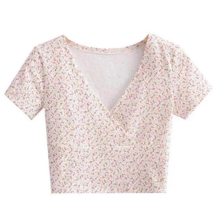 Y2k Style Summer Retro Floral V-neck Crop Top Slimming Wild High Waist Streetwear Tshirt Short Sleeve Women's T-shirt
