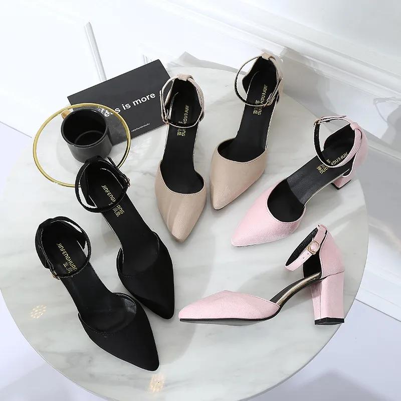 Summer New Versatile Middle Heel Sandals for Women Korean Edition Thick Heel Pointed One Button High Heel Shoes for Women