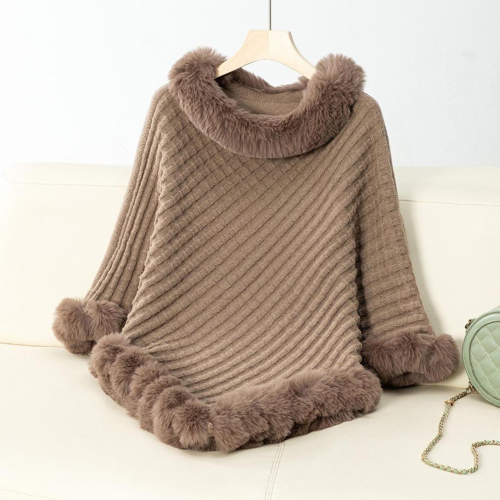 Poncho casual da donna, tinta unita, scialle avvolgente, mantello con bordo in pelliccia sintetica, cappotto invernale senza maniche, maglione caldo da donna, poncho in maglia di lusso