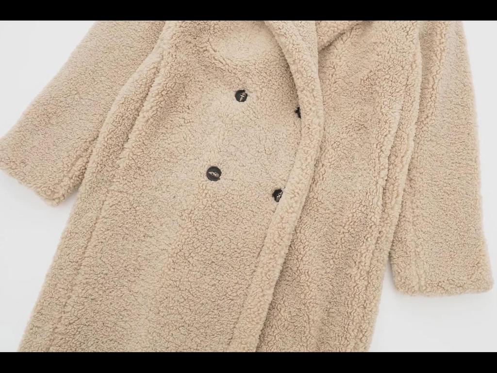 Palton lung din piele de miel, stil european și american, pentru femei, de iarnă, cald, cu două rânduri de nasturi (1255700)