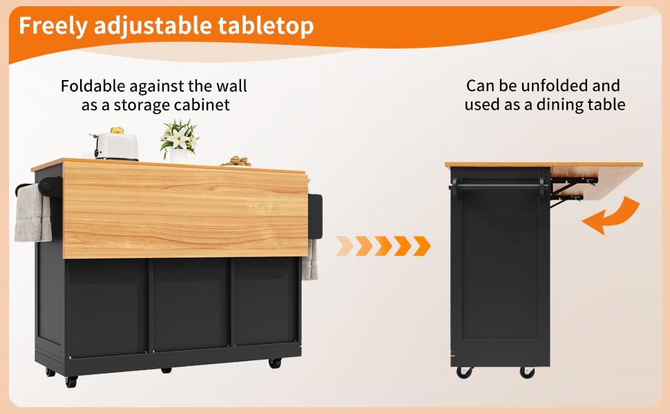 Isola cucina, carrello da pranzo con piano di lavoro, credenza, venature del legno, portasciugamani laterale, ante con rotelle, divisori regolabili, nero