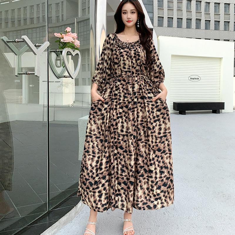 Fattened extra large size floral long-sleeved dress 100kg fat girl long dress one-word shoulder loose maternity dress