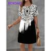 Vintage Black White Checkered Pattern Print Womens Dress New Summer Casual A-Line Dress Women Short Sleeve Loose Mini Dress