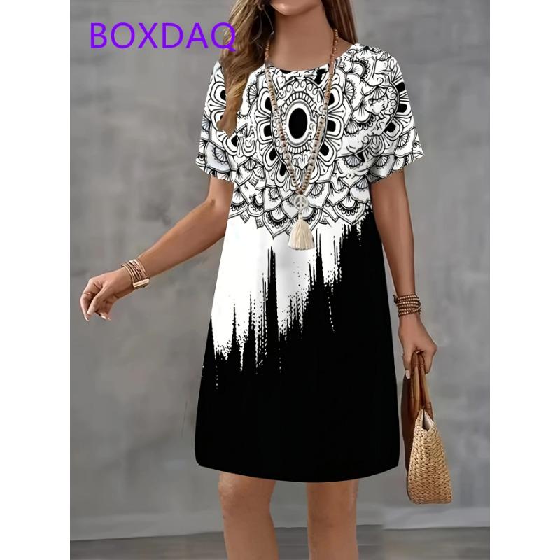 Vintage Black White Checkered Pattern Print Womens Dress New Summer Casual A-Line Dress Women Short Sleeve Loose Mini Dress