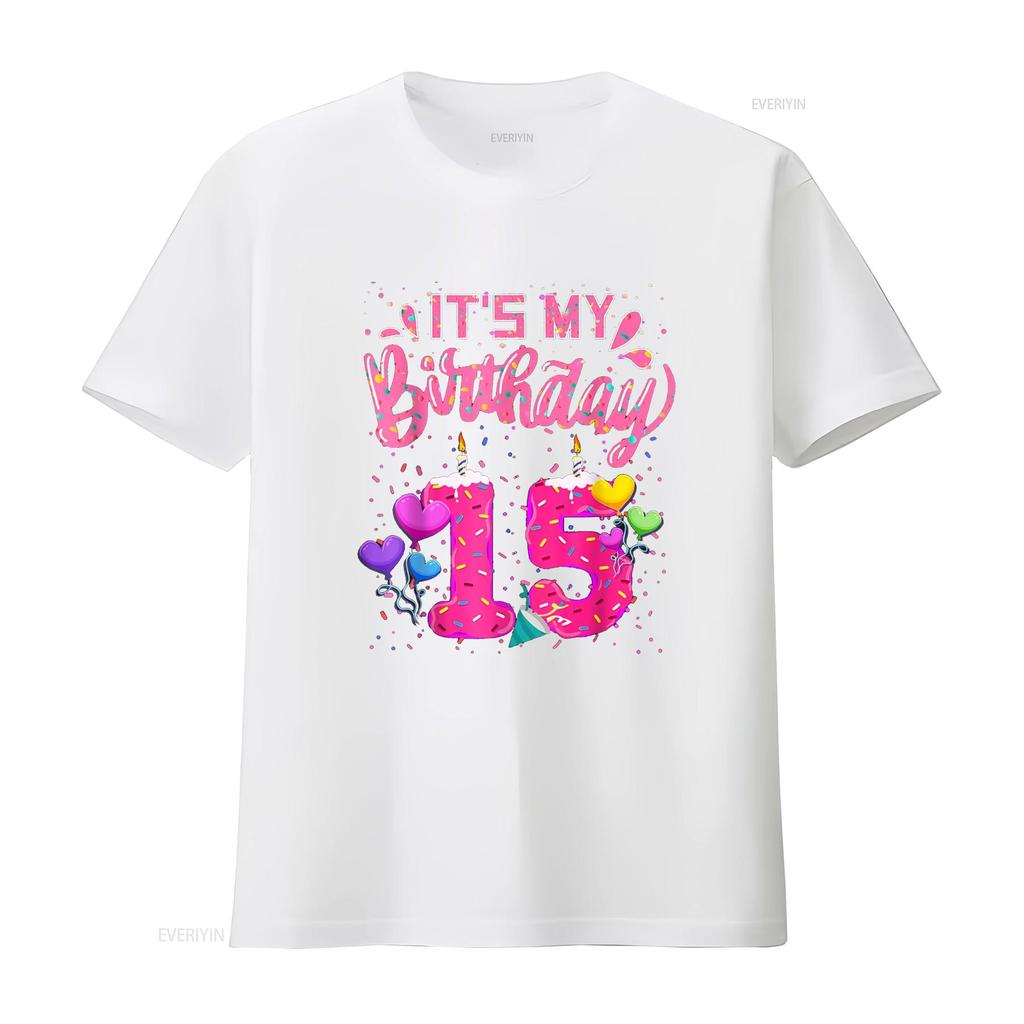 It s My 15th Birthday Doughnut Happy 15 Years Old Girl Kids T Shirt vintage Washed Stylish Casual graphic Versatile Soft