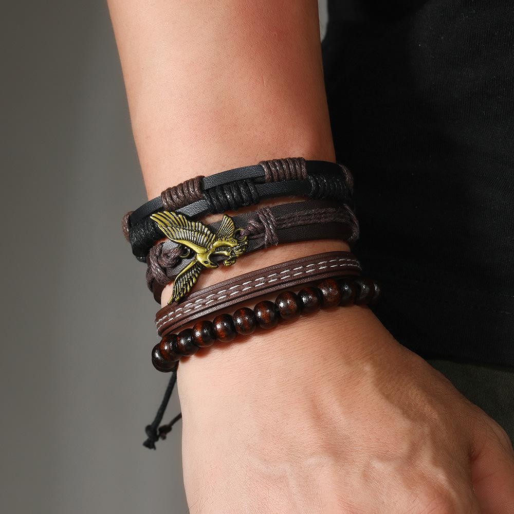 Hip Hop Trend Wood Bead Bracelet PU Leather Eagle Alloy DIY Bracelet 4-piece Set Hand-woven Multi-layer Leather Bracelet