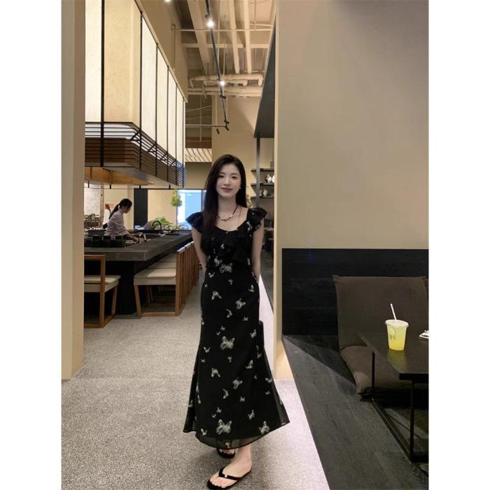 

[Double layer + inner lining] Xiaofei sleeves, black butterfly suspender dress, women s summer French temperament, beautiful waist length S чёрный