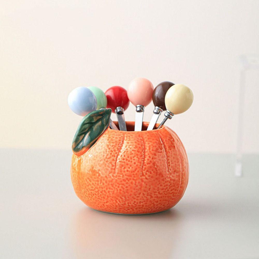 Orange Ceramic Fruit Forks Set Ins Style Solid Color Dessert Forks with Storage Jar Household Decorative