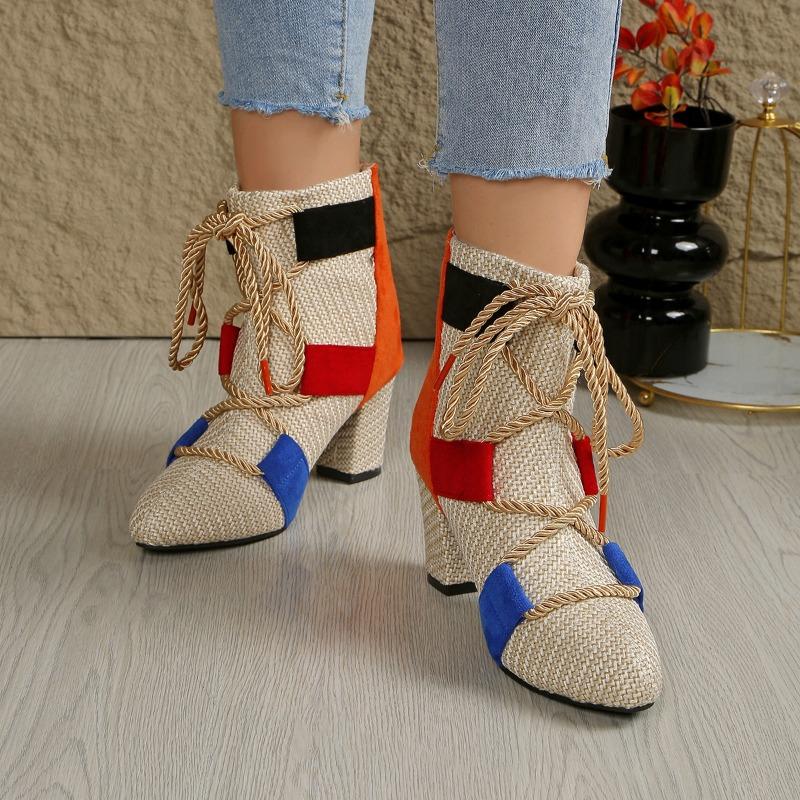 2025 New Ladies Shoes Front Lace-up Women's Boots Fashion Color Matching Dress Boots Women Autumn Plus Size Heeled Ankle Boots