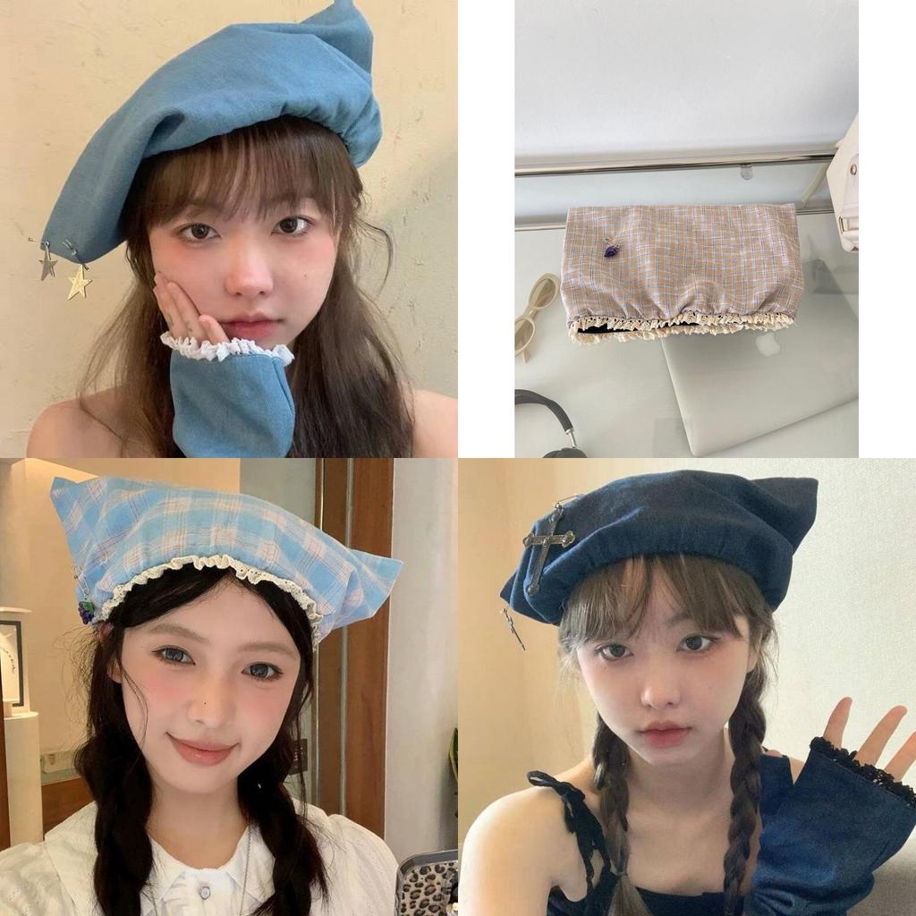 Y2k Gingham Cotton Cat Ear Beanie With Sun Protection For Summer And Autumn Wear