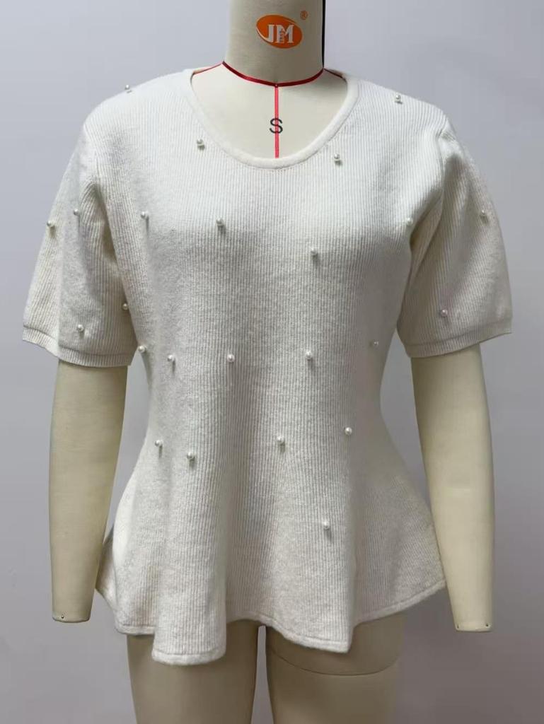 European French Style Pearl Embellished Knit Top - Short-Sleeved, Soft, Waist-Cinching, Ruffled, Plush Women's Top