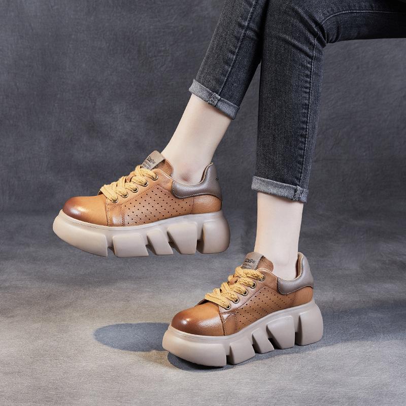 

Спортивная повседневная обувь из воловьей кожи с первым слоем на толстой подошве, женская весенняя новая женская обувь в корейском стиле, модная универсальная женская обувь на среднем каблуке на платформе со шнуровкой