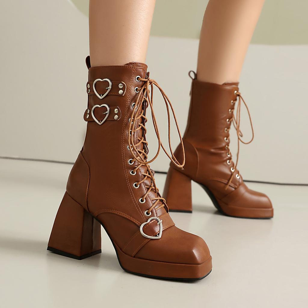 Autumn and Winter High-heeled Platform and Ankle Boots Square Head Front Lace-up Low-tube Martin Boots for Women
