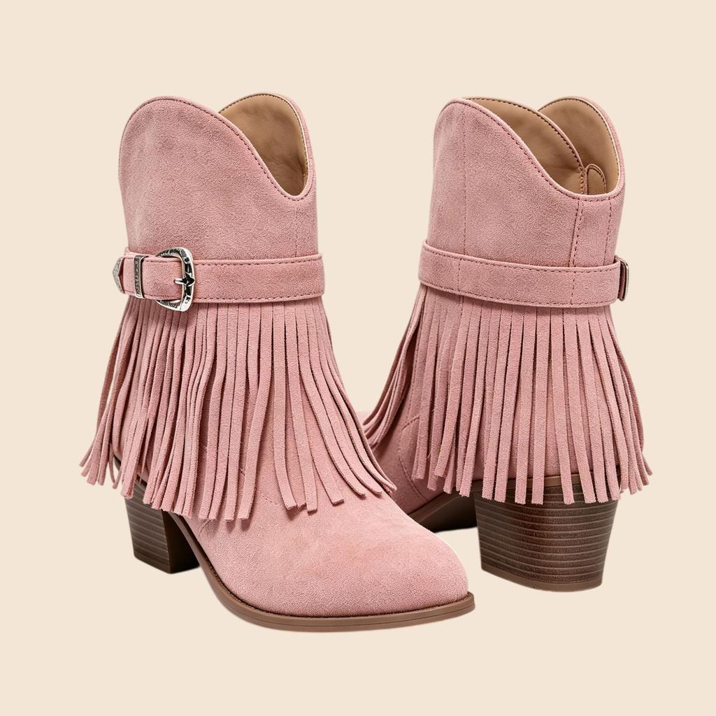 European and American tassel belt buckle western boots, low-heeled suede medium tube women's boots, thick-soled knight boots