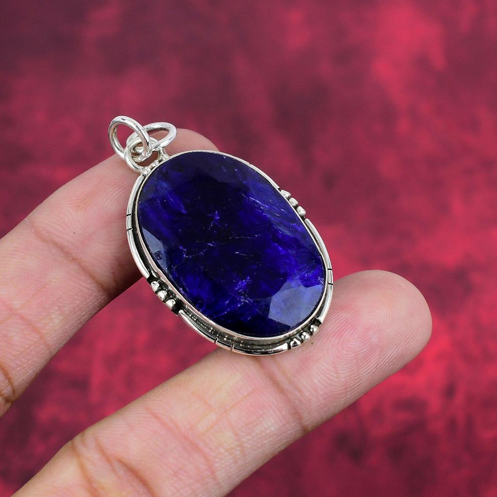 Blue Sapphire Pendant, Handmade Gemstone Pendant, 925 Solid Sterling Silver Pendant Antique Jewelry, For Engagement Gift