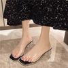 Summer New Slippers Go Out Wearing Square Head Open-toed Sandals Medium Thick Heel High Heels Transparent Crystal One-word Sandals