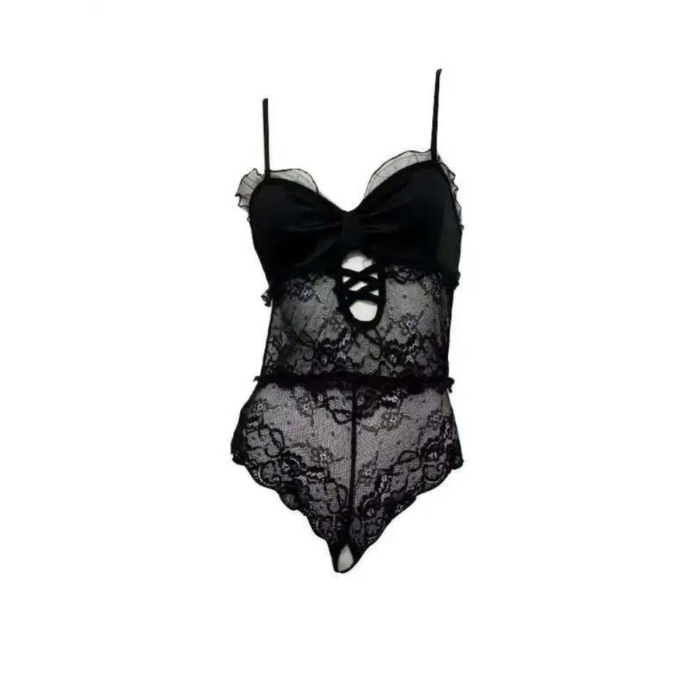 Seksowny Czyste Pragnienie Pasek Koronka Kombinezon Mundurek Otwarty Krok Body Damskie Rompersy Odzież Siatka Koronka Słodkie Topki Przezroczysty 2025 Nowy 19:00