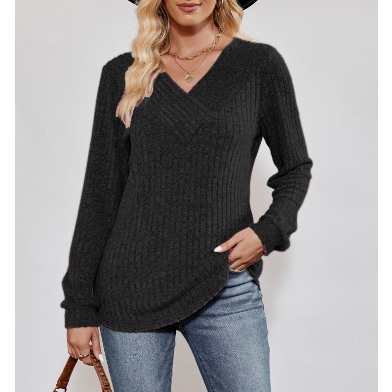 

INDFS Женская мода Повседневный однотонный принт Весна Осень Длинные рукава V-образный вырез Пуловеры и длинные рукава XXL чёрный