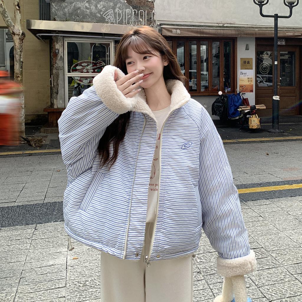 Striped Women's Autumn and Winter Velvet Thickened Korean Loose Stand-up Collar Cotton-padded Clothes