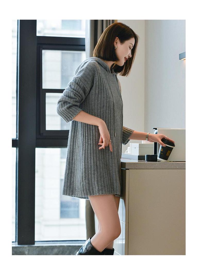 Women's Hooded Mid-Length Wool Sweater Dress, Loose-Fitting Knitted Outerwear, Solid Color, Long-Sleeved