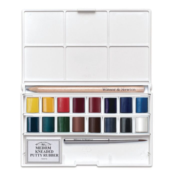 Aquarelle - winsor et newton - cotman - 16 demi godets - brosse de poche - palette intégrée